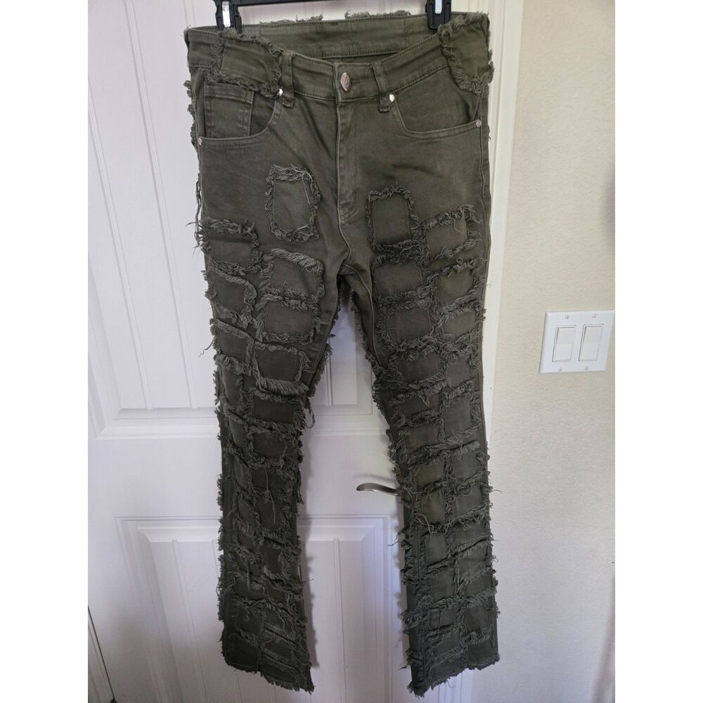 Vicious Denim Men’s 30x38 Olive Green Distressed Patchwork Frayed Jeans